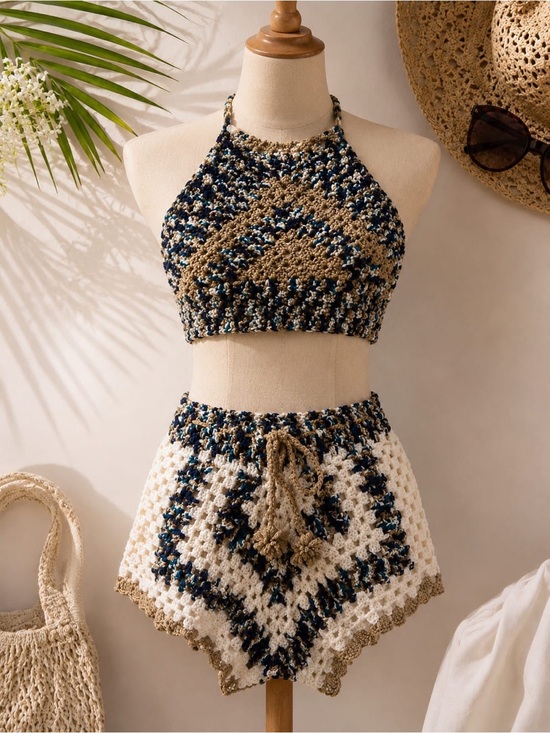 Pants - Crochet High-Waist Shorts Set - Blue, White & Tan